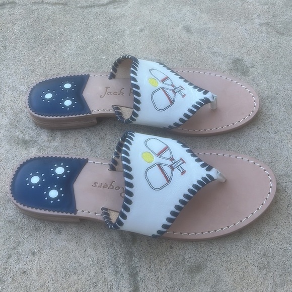 Jack Rogers Pickleball Embroidered White Whipstitch Flat Sandal Women's Size 8.5 - Picture 3 of 7